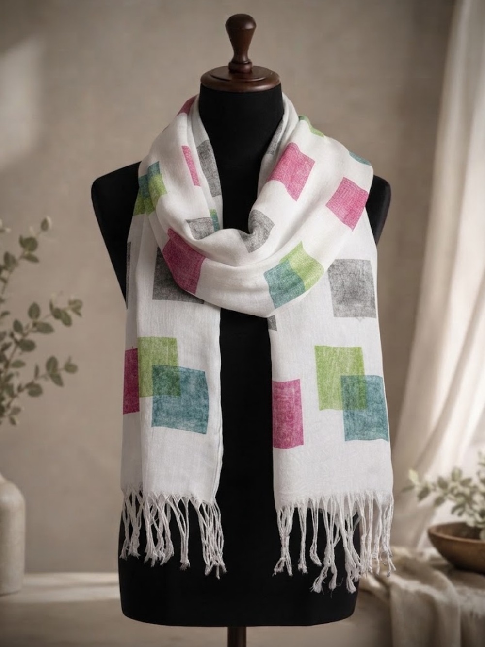 Sasha 100% Viscose Geometric Print Scarf White Green Pink Abstract Block Fringe